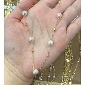 Japanese Saltwater Akoya Pearl Beaded Chain Necklace 18K Solid Yellow Gold